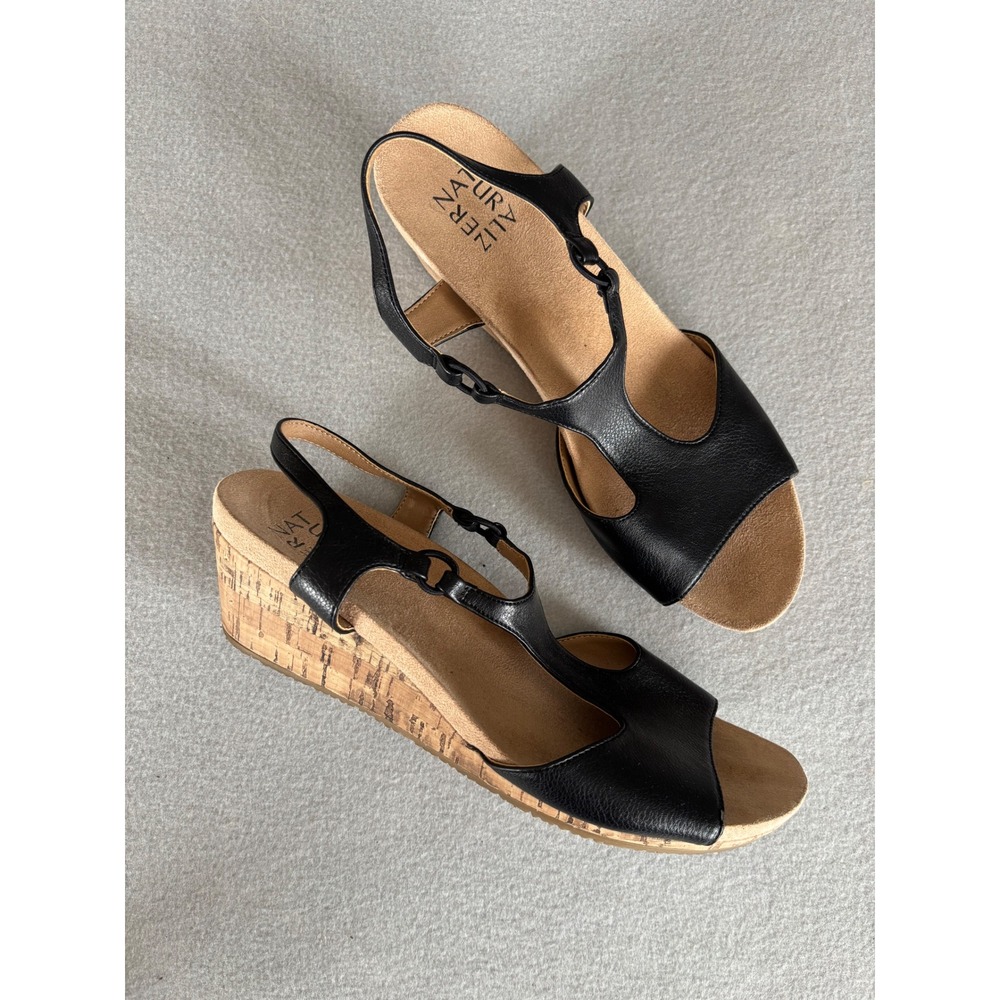 Naturalizer T-Strap Wedge Sandals 10M Excellent Black Cork Slingback Comfort - Picture 2 of 7